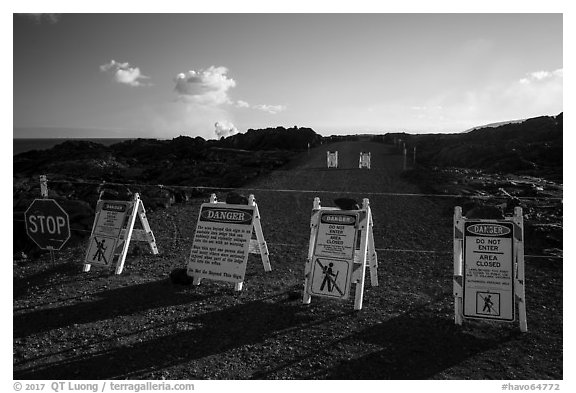 Road closure sign along new emergency road. Hawaii Volcanoes National Park (black and white)