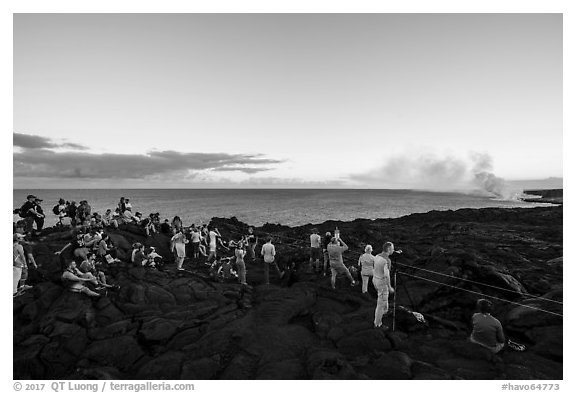 Large group of people at lava viewing area. Hawaii Volcanoes National Park (black and white)