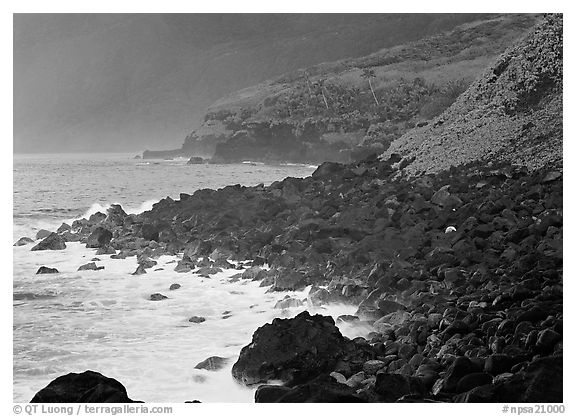 Coastline with Balsalt boulders on the wild South coast of Tau Island. National Park of American Samoa (black and white)