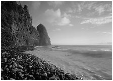 Beach with pebbles and Pola Island, early morning, Tutuila Island. National Park of American Samoa ( black and white)