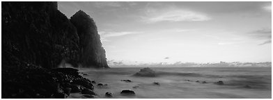 Towering sea cliff at dawn, Tutuila Island. National Park of American Samoa (Panoramic black and white)
