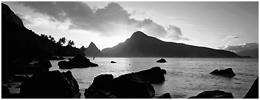 Coastline with boulders at sunrise, Ofu Island. National Park of American Samoa (Panoramic black and white)