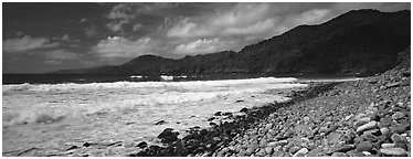 Beach with coral, Tutuila Island. National Park of American Samoa (Panoramic black and white)