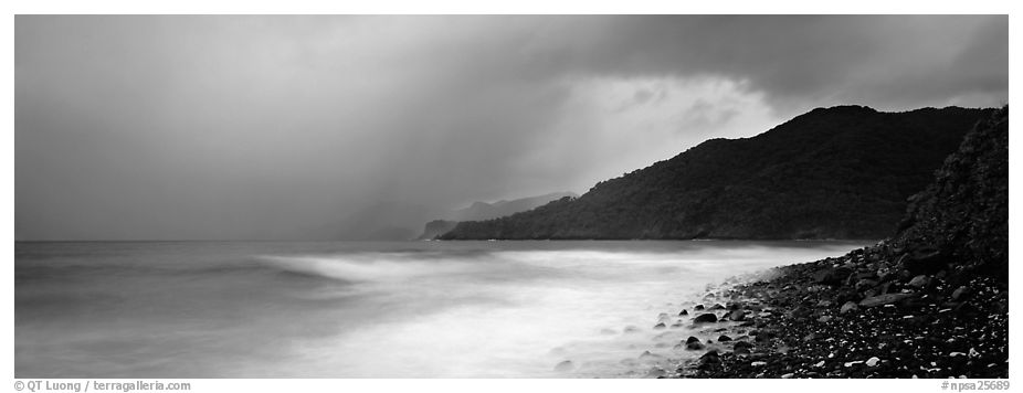 Seascape with storm clouds and foamy ocean, Tutuila Island. National Park of American Samoa (black and white)