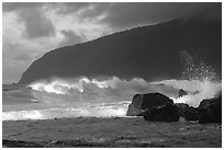 Surf and sea cliff, Siu Point, Tau Island. National Park of American Samoa (black and white)