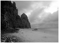 Peeble beach and Pola Island, stormy sunrise, Tutuila Island. National Park of American Samoa ( black and white)