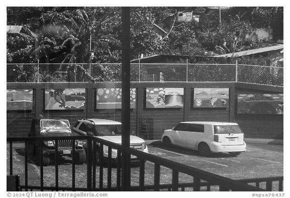 Parking lot window reflexion, Visitor Center. National Park of American Samoa (black and white)