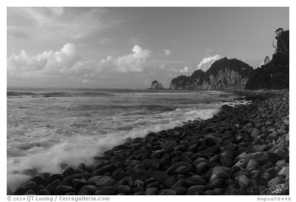 Pola Island from Tuafanua Beach, sunset. National Park of American Samoa (black and white)