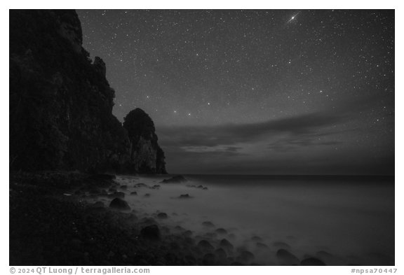 Pola Island at night with austral starry sky. National Park of American Samoa (black and white)