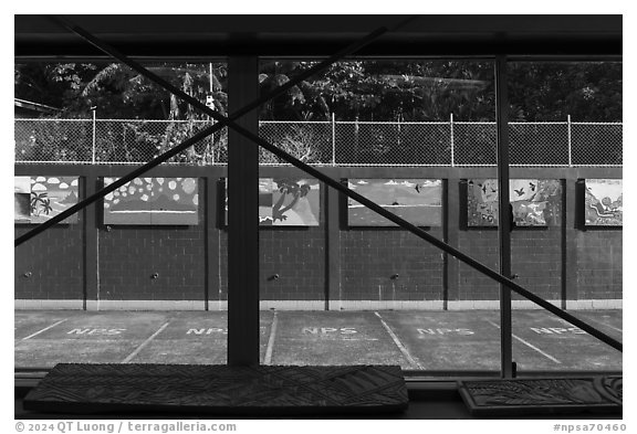 Parking lot, Visitor Center. National Park of American Samoa (black and white)