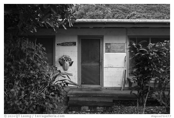 Vacant Ofu Ranger Station Visitor Center facade. National Park of American Samoa (black and white)