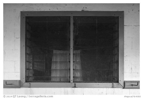 Ofu Ranger Station and Visitor Center window. National Park of American Samoa (black and white)