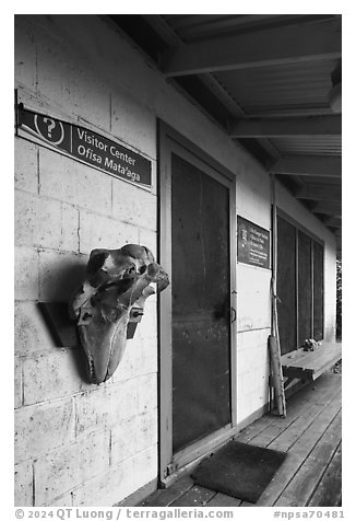 Ofu Ranger Station and Visitor Center door and window. National Park of American Samoa (black and white)