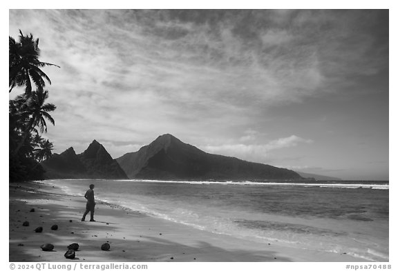 Visitor looking, Ofu South Beach. National Park of American Samoa (black and white)