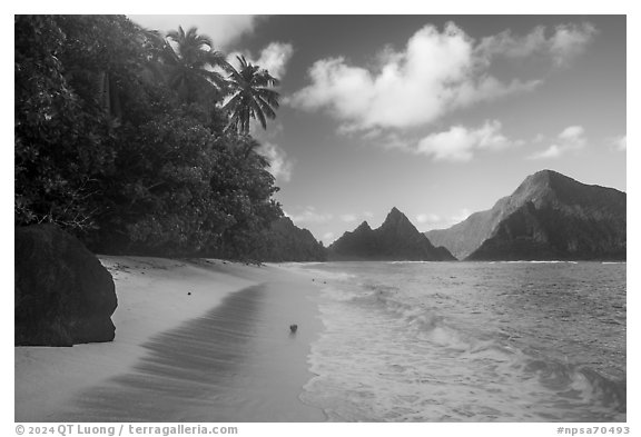 Ofu Beach with coconut, Sunuitao Peak and Piumafua mountain. National Park of American Samoa (black and white)