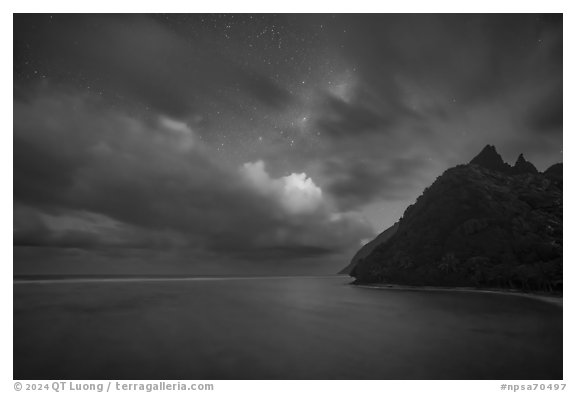 Tropical clouds and stars over Asaga Strait and Sunuitao Peak, Ofu Island. National Park of American Samoa (black and white)