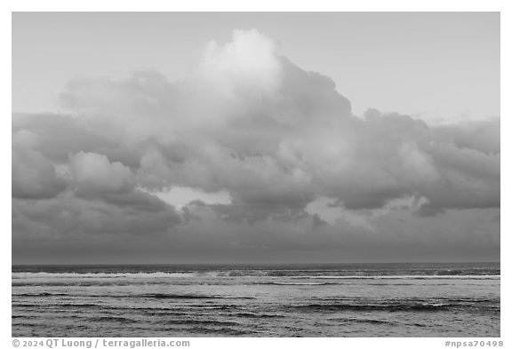 Tropical clouds over Asaga Strait and Pacific Ocean at sunrise, Ofu Island. National Park of American Samoa (black and white)