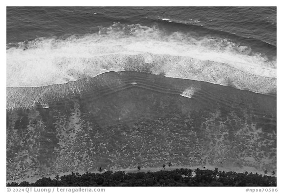 Breaking waves and lagoon from above, Ofu Island. National Park of American Samoa (black and white)