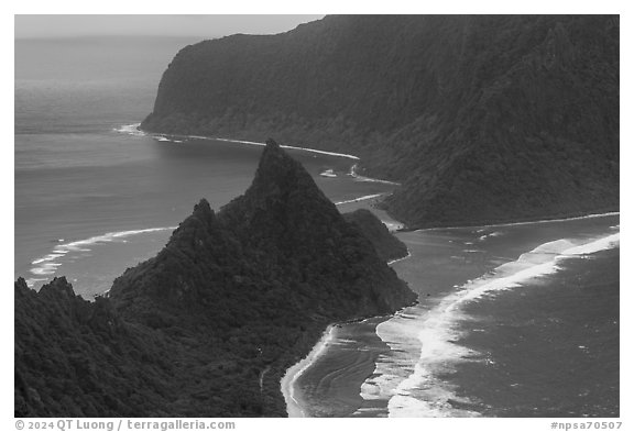 Sunuitao Peak and Asaga Strait from above, Ofu and Olosega Islands. National Park of American Samoa (black and white)