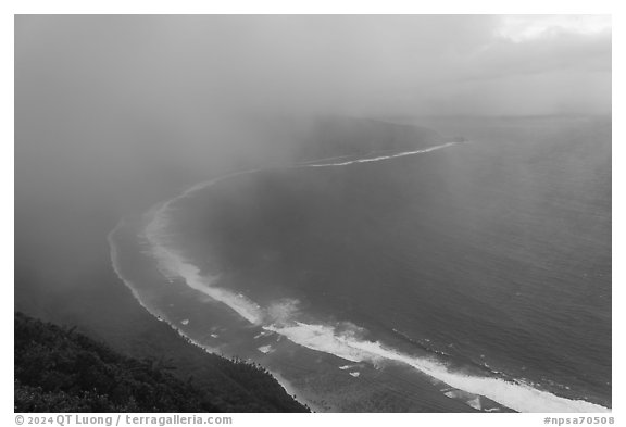 Ofu South Beach and ocean from mountain engulfed in clouds. National Park of American Samoa (black and white)