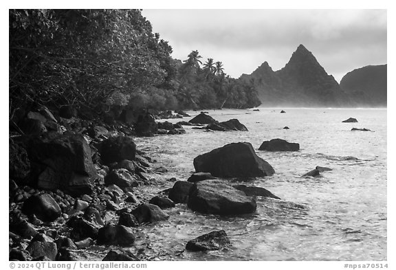 Volcanic rocks and Sunuitao Peak, Ofu Island. National Park of American Samoa (black and white)