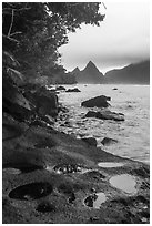 Pools on volcanic rocks and Sunuitao Peak, Ofu Island. National Park of American Samoa ( black and white)