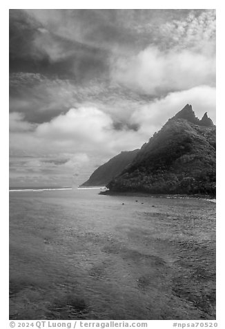 Turquoise waters of Asaga Strait and Sunuitao Peak, Ofu Island. National Park of American Samoa (black and white)