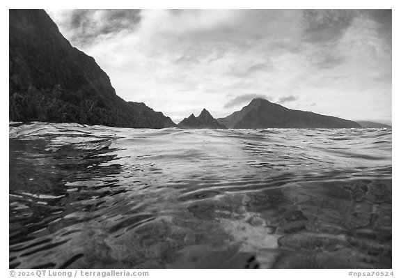 Reef, Sunuitao Peak and Olosega Island. National Park of American Samoa (black and white)