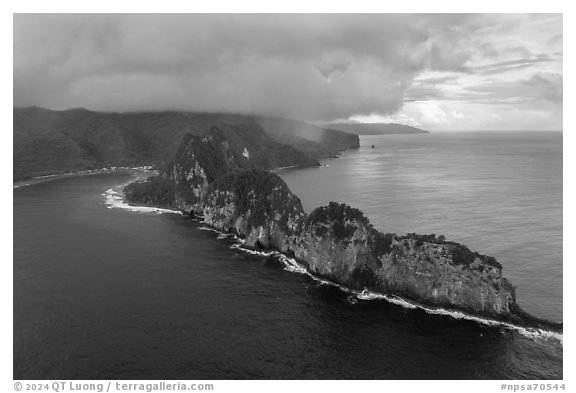 Aerial view of Pola Island, Tuitula. National Park of American Samoa (black and white)