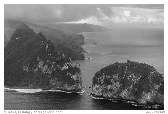 Aerial view of Vaiava Strait, Tuitula. National Park of American Samoa (black and white)