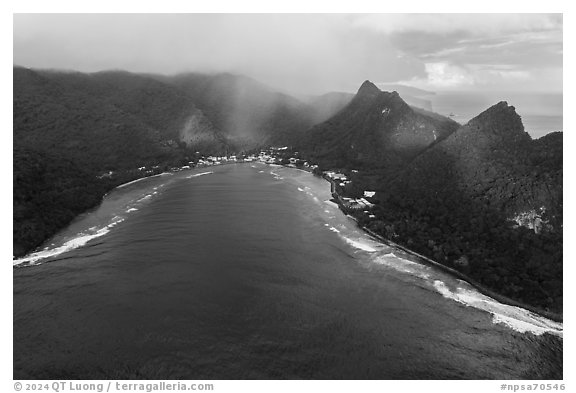 Aerial view of Vaitia Village, Tuitula. National Park of American Samoa (black and white)