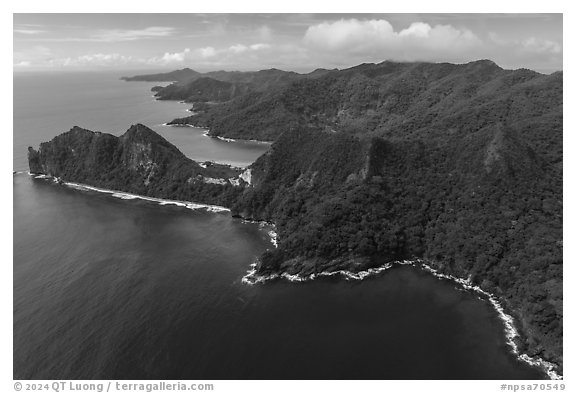 Aerial view of Pola Island and Vatia Bay, Tuitula. National Park of American Samoa (black and white)