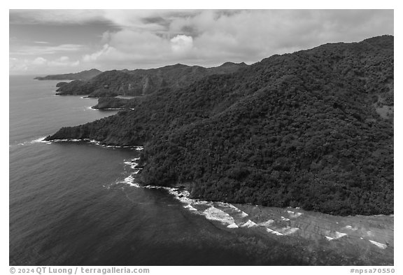 Aerial view of Amaulau Bay, Tuitula. National Park of American Samoa (black and white)