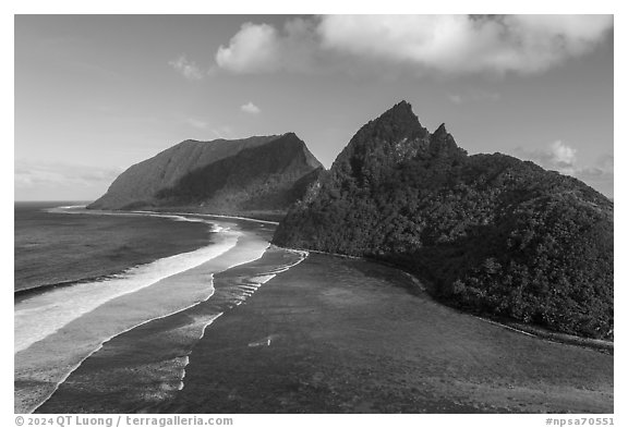 Aerial view of Asaga Strait,  Sunuitao Peak, and Ofu Beach. National Park of American Samoa (black and white)