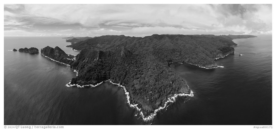 Panoramic view of Tuitula north shore. National Park of American Samoa (black and white)