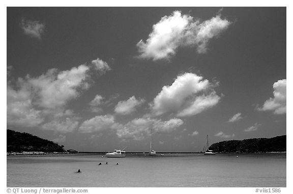 Saltpond bay beach with swimmers and boats. Virgin Islands National Park (black and white)