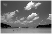 Saltpond bay beach with swimmers and boats. Virgin Islands National Park ( black and white)
