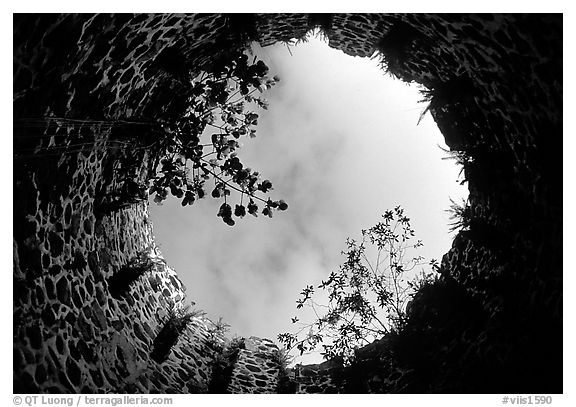 Sky through the top of old sugar mill. Virgin Islands National Park (black and white)