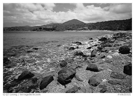 Gravel beach and rocks. Virgin Islands National Park (black and white)