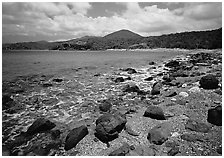 Gravel beach and rocks. Virgin Islands National Park, US Virgin Islands. (black and white)