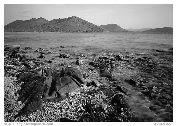Rocks, reef, and Leinster Bay. Virgin Islands National Park (black and white)