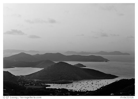 Hills, harbor and boats at sunrise, Coral bay. Virgin Islands National Park (black and white)