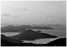 Hills, harbor and boats at sunrise, Coral bay. Virgin Islands National Park ( black and white)