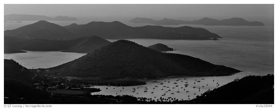 Coral Bay and harbor seen from above. Virgin Islands National Park (black and white)