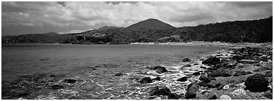 Bay lined with boulders and verdant hills. Virgin Islands National Park (Panoramic black and white)