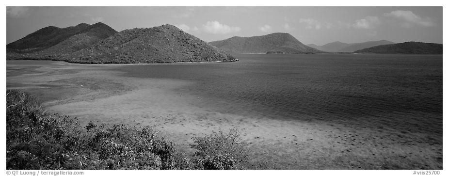 Tropical turquoise waters and green hills. Virgin Islands National Park (black and white)