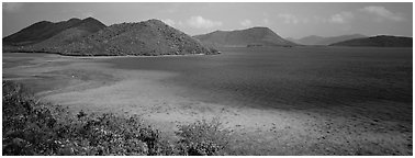 Tropical turquoise waters and green hills. Virgin Islands National Park (Panoramic black and white)