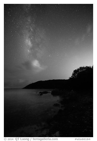 Milky Way and coastline, Little Lameshur Bay. Virgin Islands National Park (black and white)