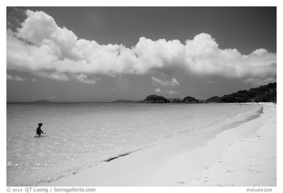 Visitor looking, Trunk Bay beach. Virgin Islands National Park (black and white)