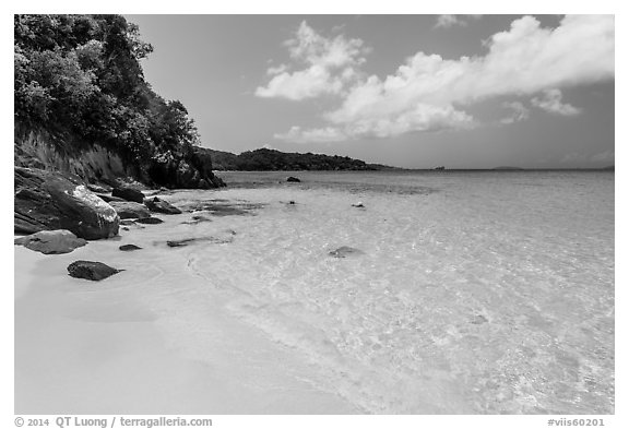 White sandy beach and turquoise waters, Trunk Bay. Virgin Islands National Park (black and white)